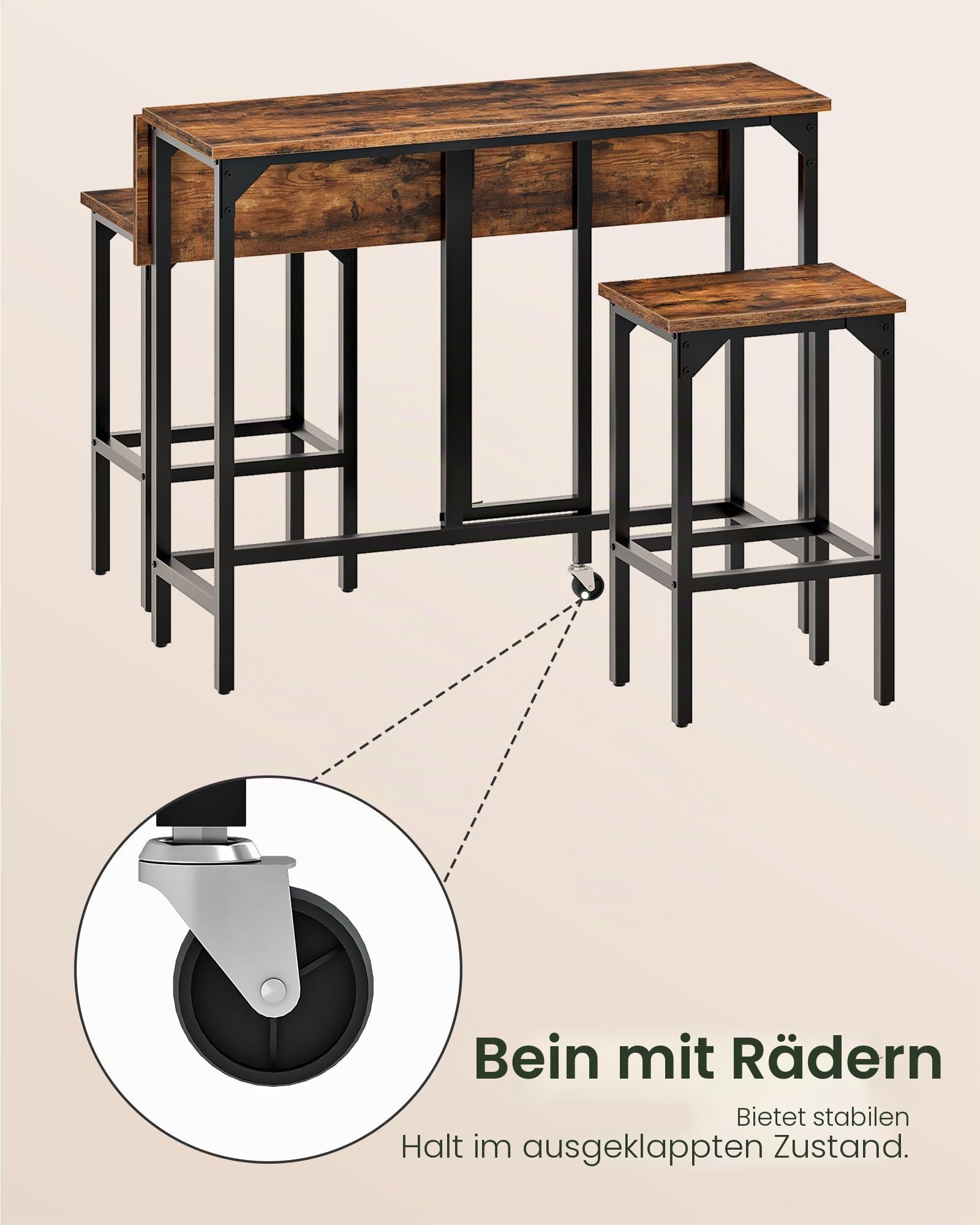 CHOEZON Bartisch, 100 cm Esstisch mit 2 Barhockern, Stehtisch mit 2 Stühlen, Industrieller Stil, für Restaurants, Wohnzimmer und Kneipen, rustikalbraun-schwarz DTBT02BF