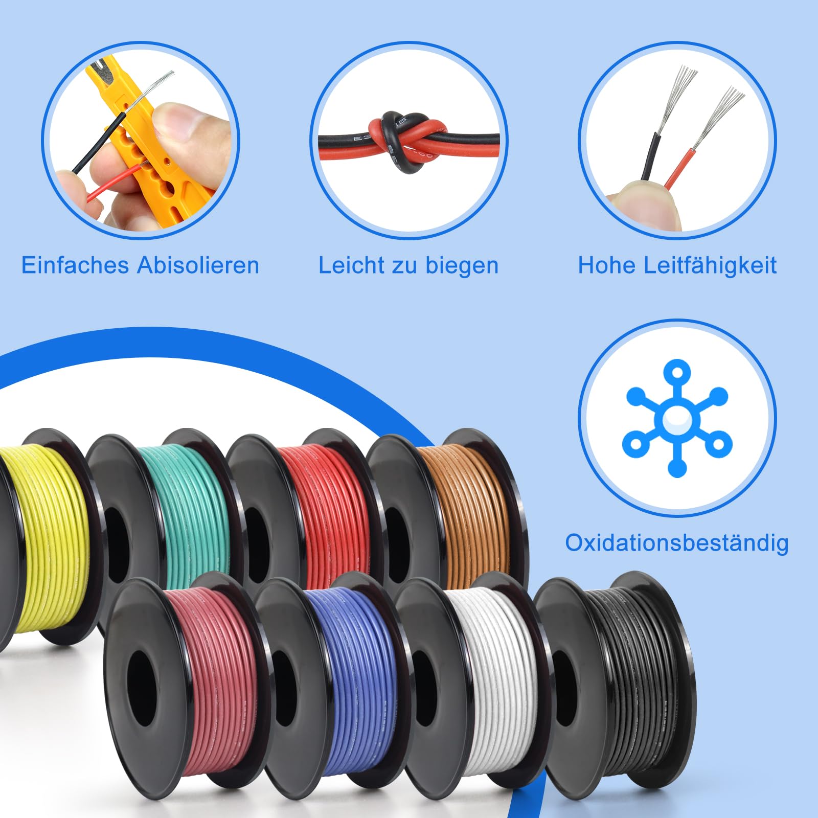 Câbles électriques Silicone 18 AWG – 8 Couleurs, 5m Par Rouleau, Pour DIY, Voiture, Maison