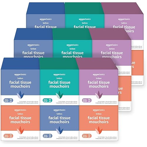 Amazon Basics Facial Tissue with Lotion, 2-Ply, 1350 Count (18 Packs of 75), (Packaging May Vary)
