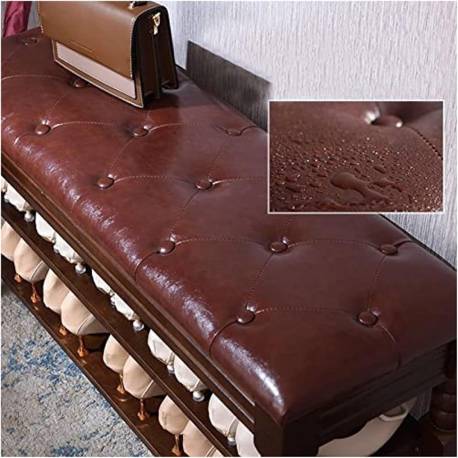 ラック パッド入りシート付きの座れる布張りの収納ベンチ、レザー