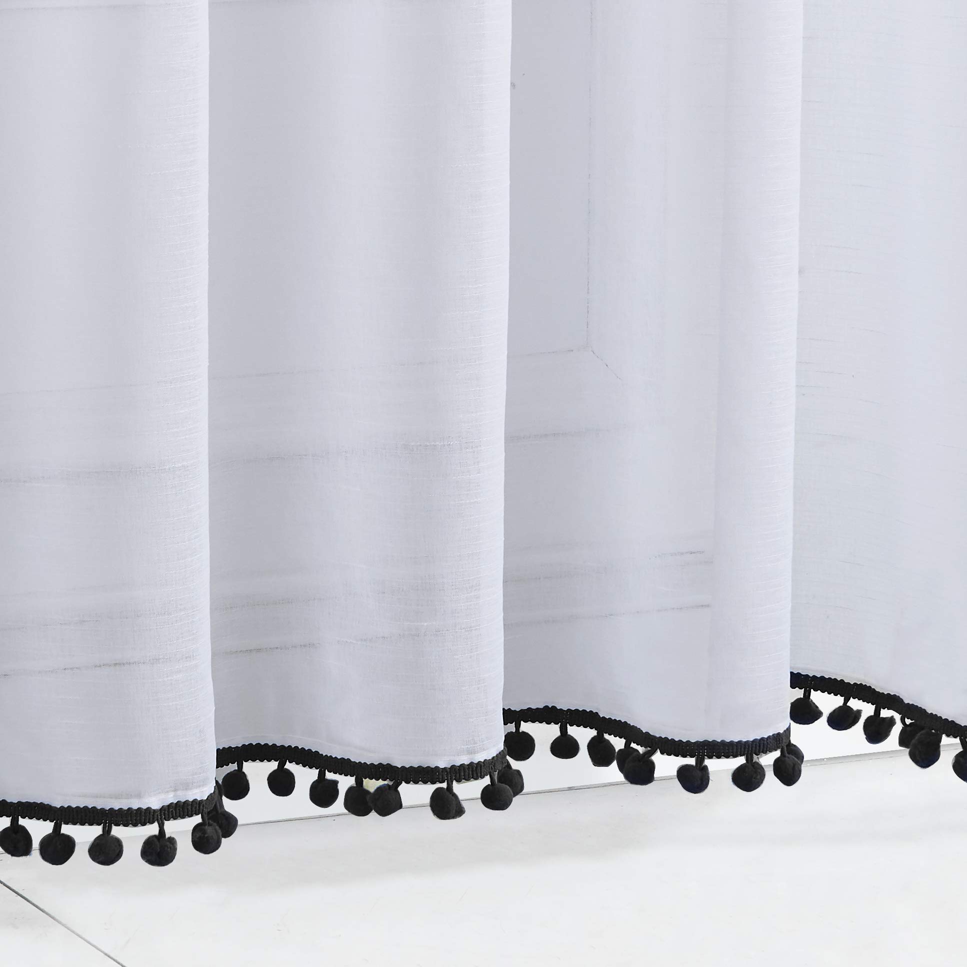Treatmentex Gardinen, transparente schwarz-weiße Gardinen mit Pompom-Voiles, 241 cm Lange Leinenoptik-Dekogardinen für Wohnzimmer und Kinderzimmer, 2 Paneele