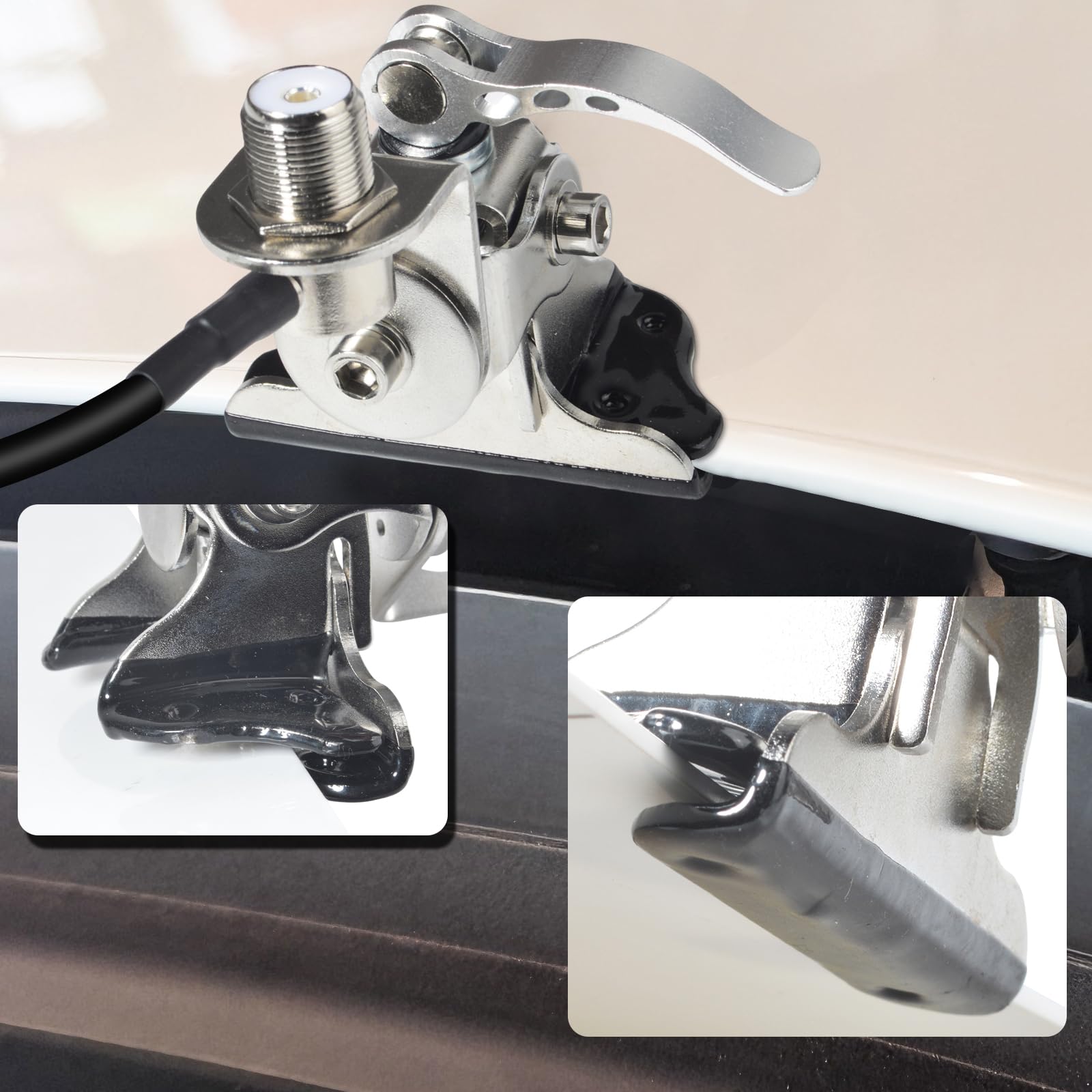 HYS Supporto per antenna per auto in acciaio inox per montaggio a clip per bagagliaio con staffa di montaggio a berlina angolare regolabile con connettore SO239 a PL-259, 16,4 Ft di RG-58 cavo