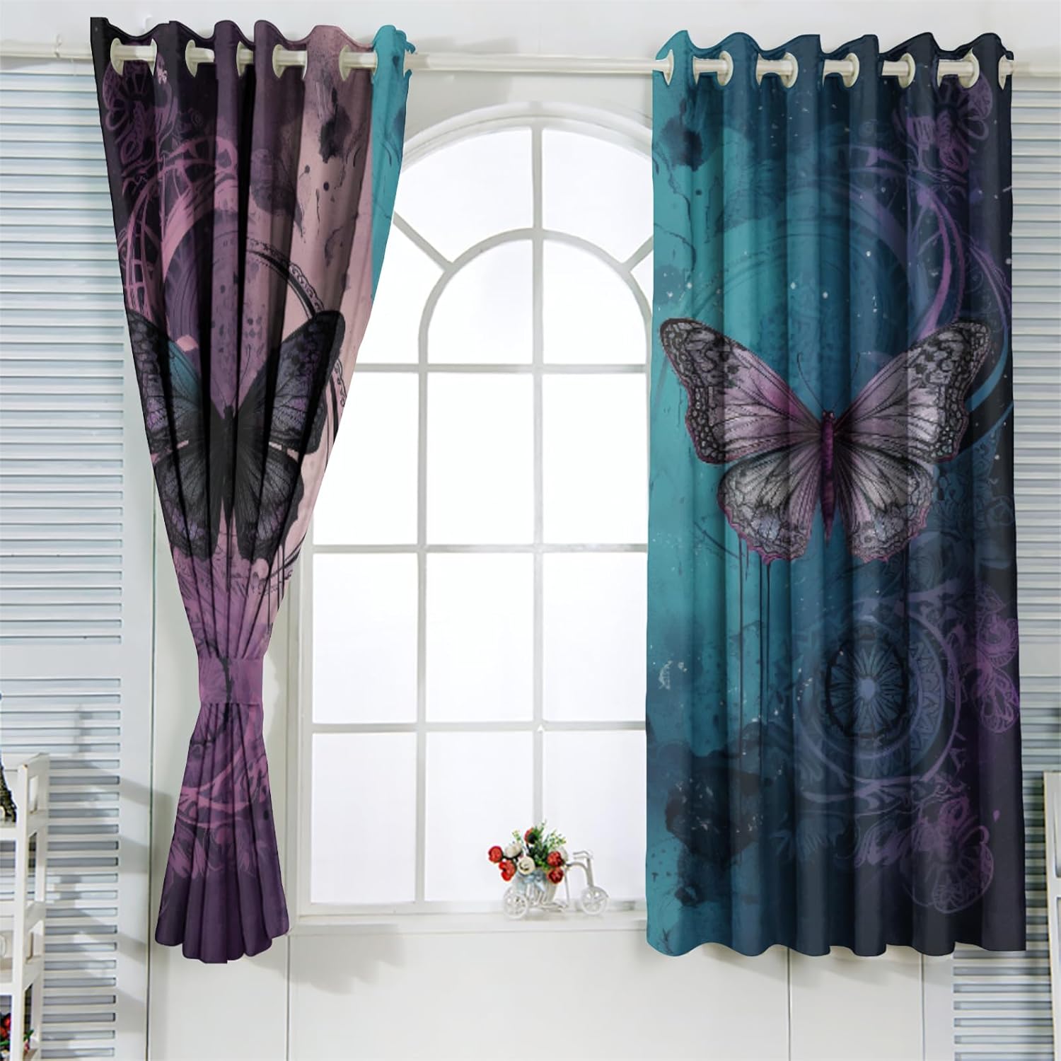 Dream Butterfly, Blackout Curtains for Bedroom Pink Flowers Floral Purple Butterfly Romantic Grommet Thermal Insulated Blackout Curtains for Living Room 84x84 Inch