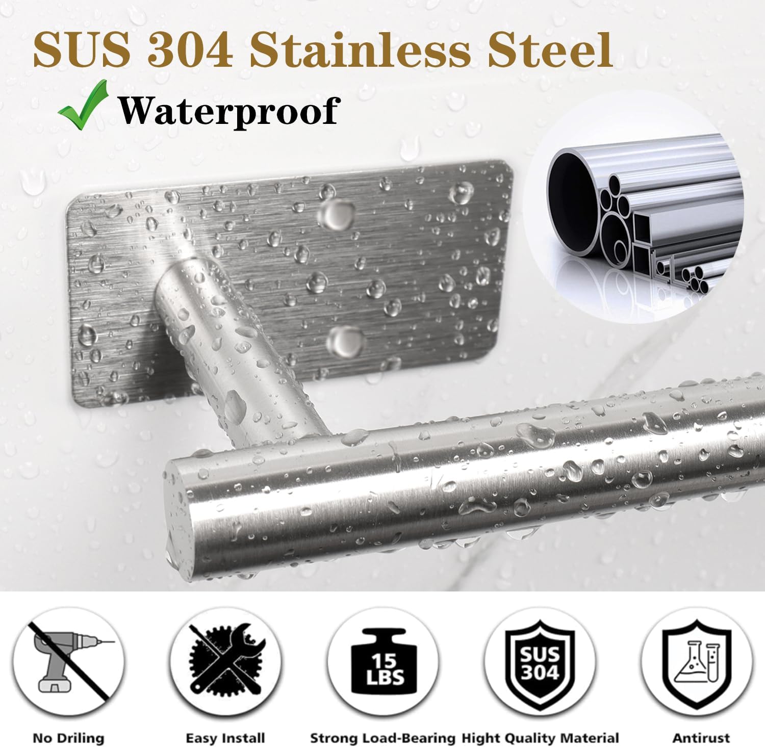 Self Adhesive Bath Towel Bar, Stainless Steel Towel Racks for Bathroom Sticky & Wall Mounted Install Towel Holder,Heavy Duty Towel Rod Rustproof Towel Hanger for Bathroom(Brushed Nickel,24In) image 3