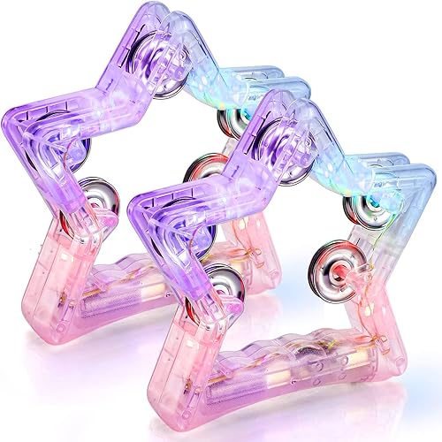 Miniatura 8 de Facmogu Paquete de 2 panderetas iluminadas con 10 jingles de metal, 3 modos LED intermitentes de pandereta musical, instrumento de percusión de