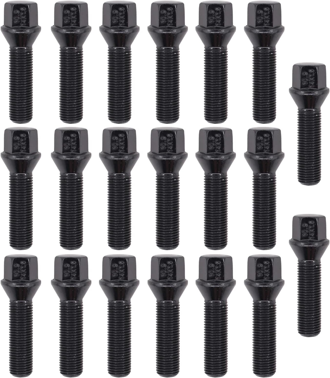 20Pcs M14 X 1.5 Thread Extended 45mm Taper Seat Black Tapered Alloy Wheel Bolts