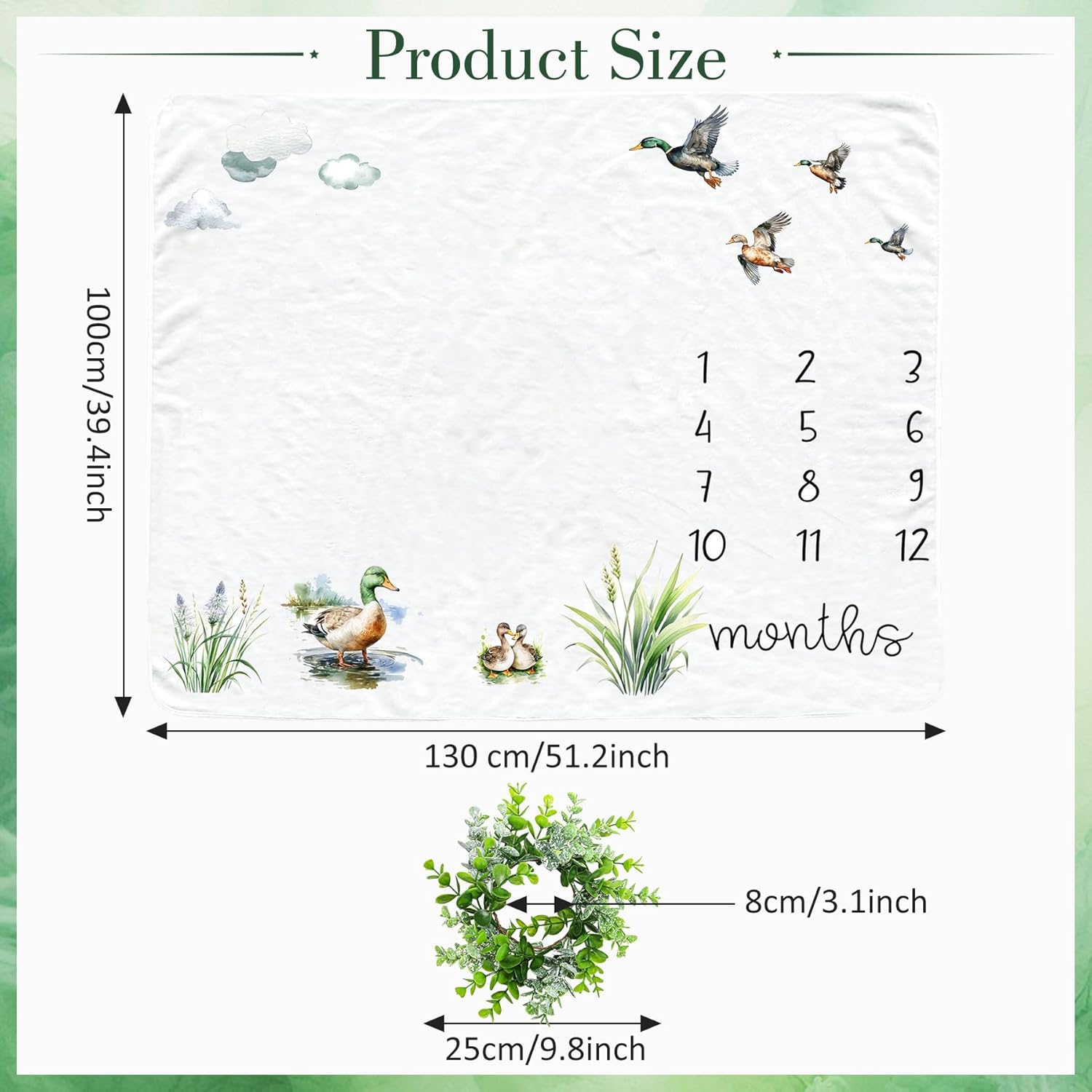 Mallard Duck Baby Monthly Milestone Blanket with Wreath Flannel Mallard Duck Baby Stuff, Green Drake Newborn Swaddling Wrap, Monthly Milestone Blanket for Boys Girls (39.4" x 51.2") - Image 2