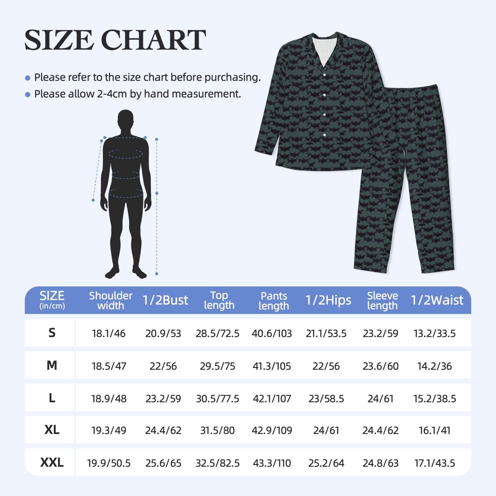 Herren-Pyjama-Set, Fledermausmuster, langärmelig, zweiteilig, Hauskleidung, bequeme Nachtwäsche