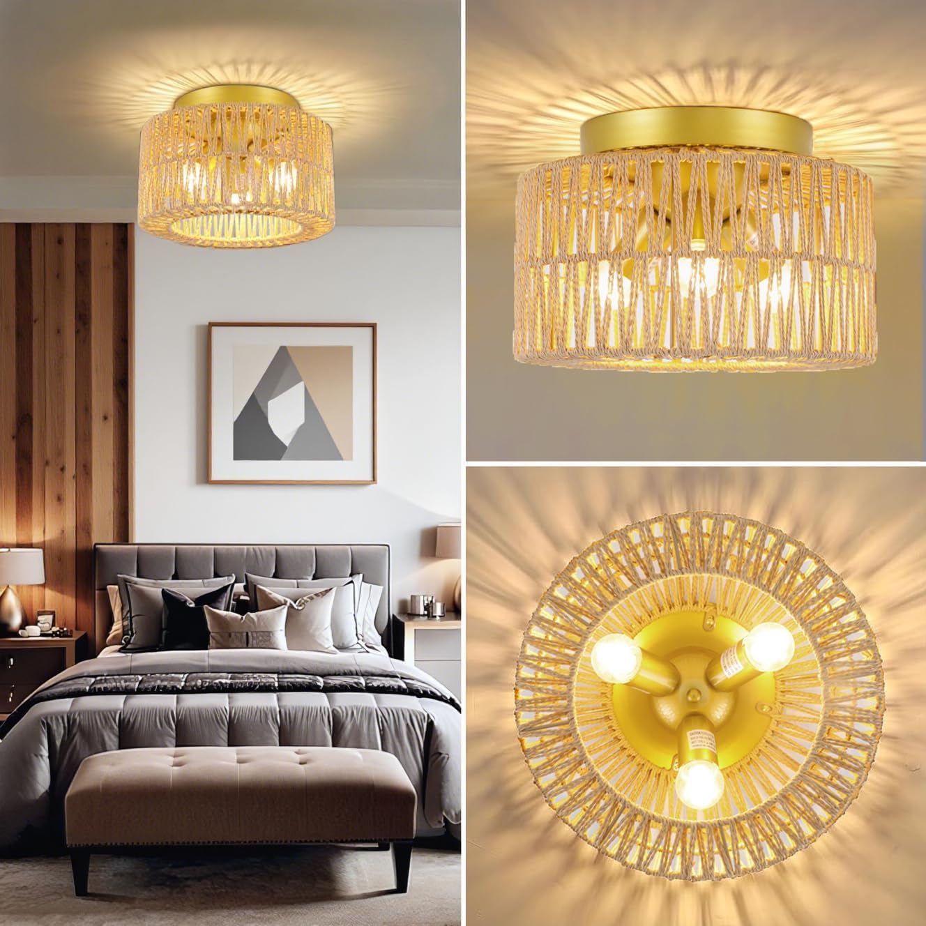 Boho 3-Light Farmhouse Rattan Ceiling Light, Gold Flush Mount with Hand-Woven Shade, Modern Chandelier for Living, Bedroom, Entryway, Kitchen Isalnd