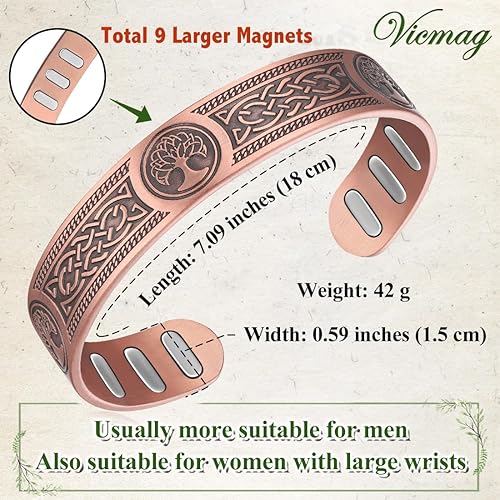 Miniatura 6 de Vicmag Pulsera de cobre para hombres 9X fuerza magnética 99% cobre puro con 5000 imanes Gauss, caja de regalo del árbol de la vida ajustable (árbol