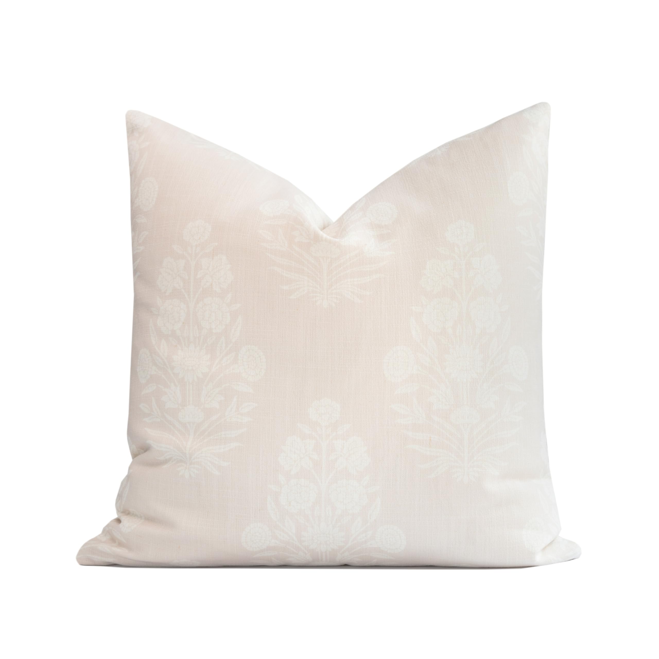 Crumbs Home Coastal Linen Indoor Outdoor Throw Pillow Cover Only, 20"x20" Water Repellent for Patio, Backyard, Couch, Neutral Beige Floral