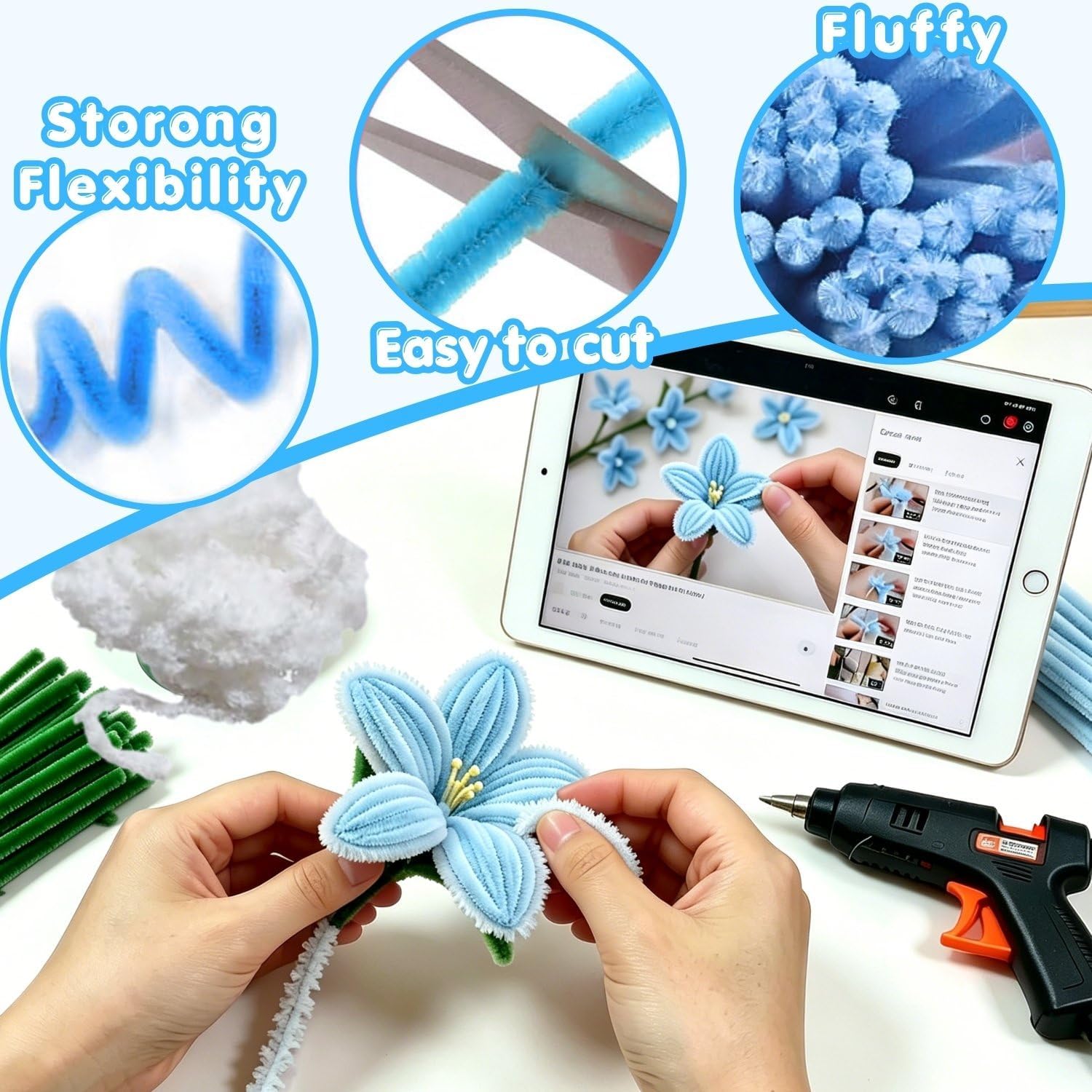 NafuXiaJJia 5-Color Blue Pipe Cleaner Flower Kit,300 Pcs Pipe Cleaners Craft,with 1 Roll Fluffy Yarn,50 Pearls,100 Flower Stamens,15 Floral Wire,2 Floral Tape,2 Wrapping Paper,Ribbon and Instruction
