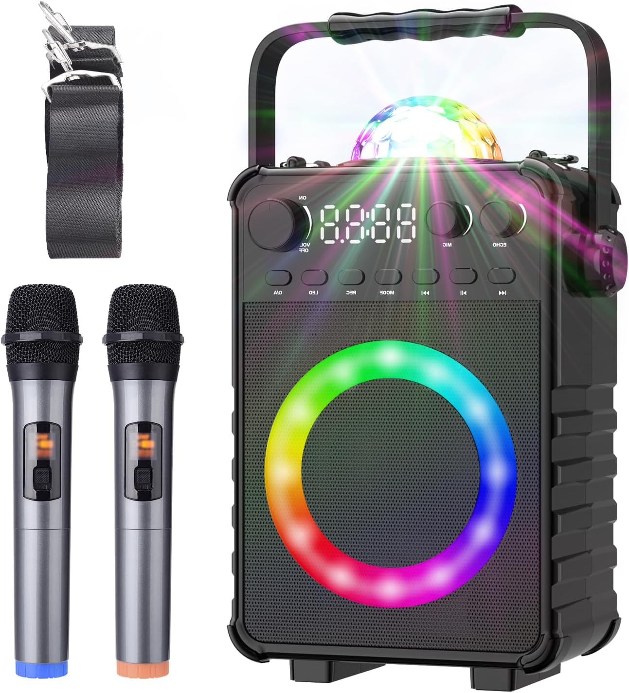 Karaoke Machine, Portable Bluetooth Karaoke Speaker with 2 Wireless Mics for Adults Kids Singing Machine with Disco LED Lights Gifts for Girls Boys Home Party