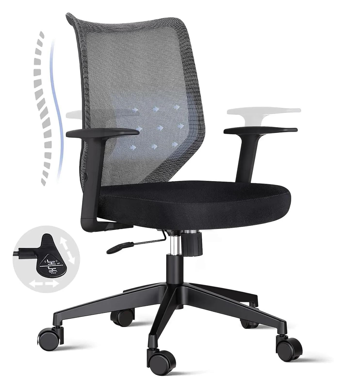 Krzesła menadżerskie, krzesło biurowe z regulowanymi podłokietnikami, krzesło biurowe ze średnim oparciem, czarne - oddychająca siatka, ergonomiczne krzesło biurowe - obr