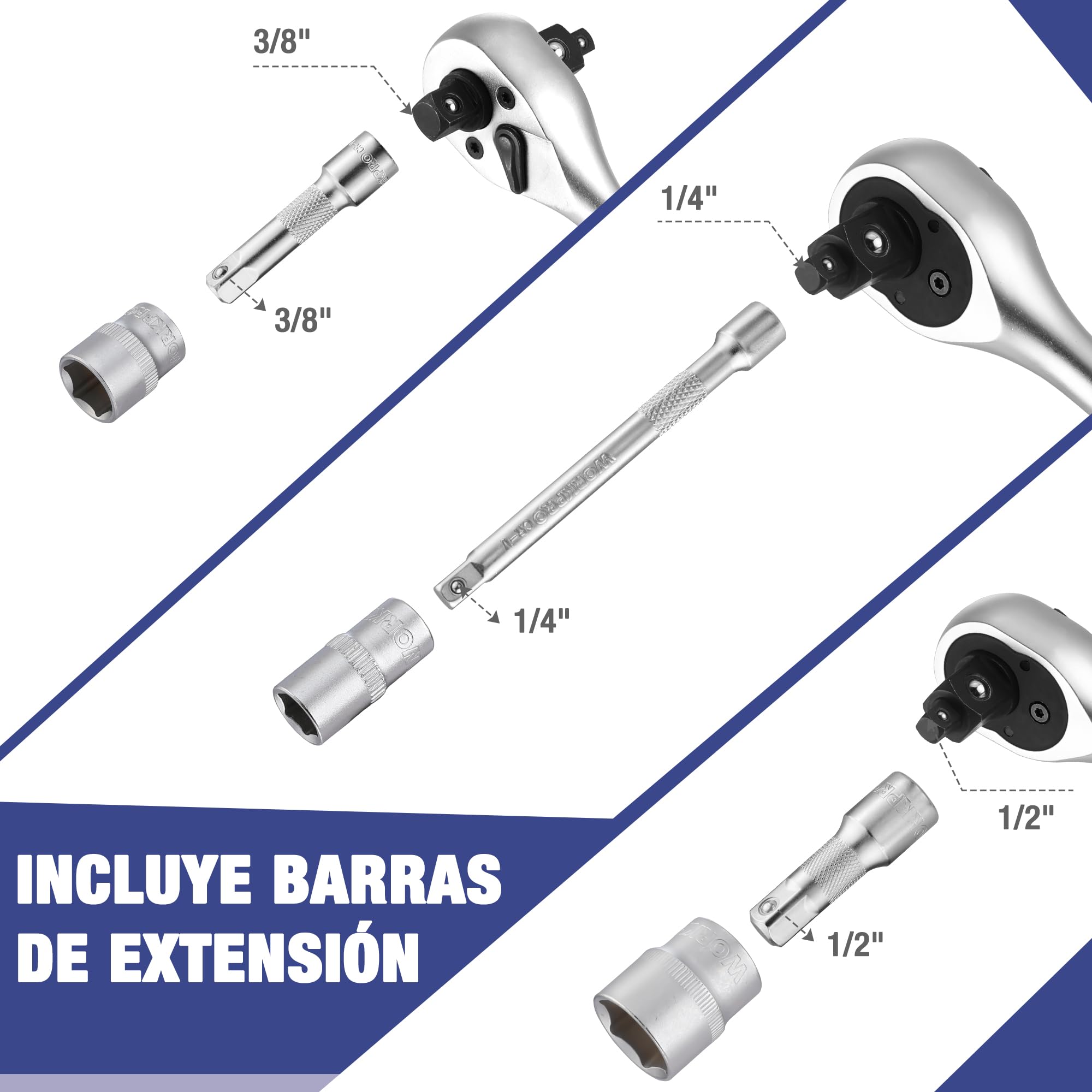 WORKPRO Caja Herramientas, Juego de Llaves de Vaso de 22 Piezas con Mango de Trinquete, Llave de Carraca de 1/4”, 3/8”, 1/2”, Llaves de Vaso Métricas de Acero C-V con Barras de Extensión, con Estuche