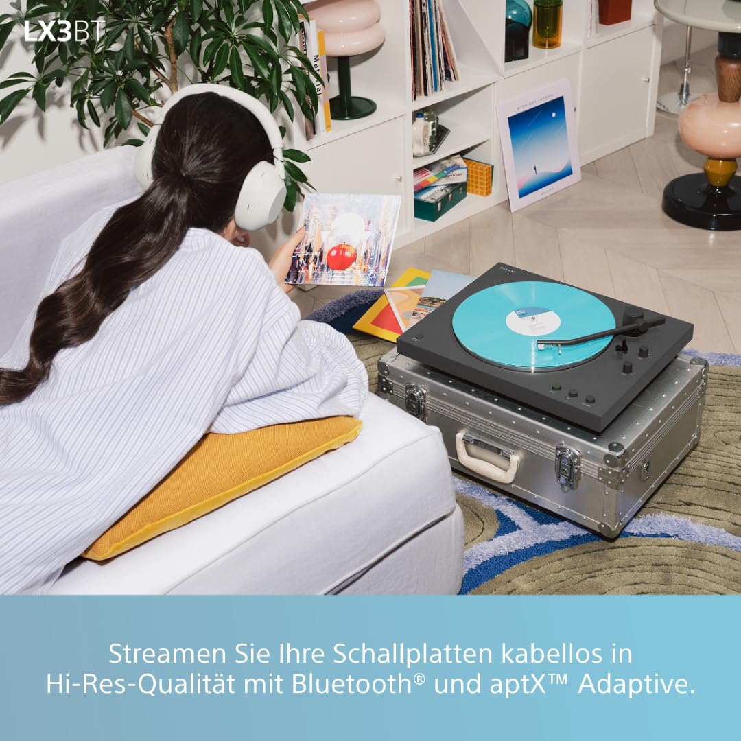 Sony PS-LX3BT kabelloser Bluetooth-Plattenspieler mit vollautomatischer Wiedergabe, Hi-Res Audio, Riemenantrieb, integriertem Phono-Vorverstärker, 2 Geschwindigkeiten und Staubschutzhaube – Schwarz