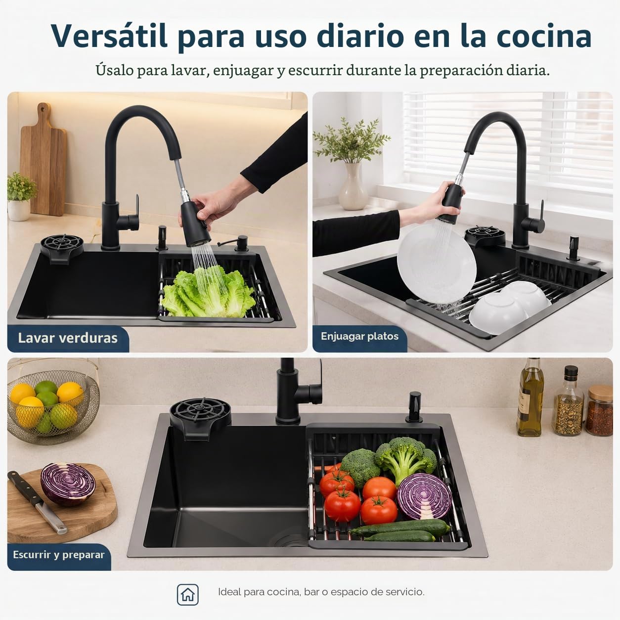 Fregadero de cocina negro de acero inoxidable 60x45 cm, fregadero empotrado de 1 seno con grifo extraíble, cesta de escurrido, dispensador de jabón y dispensador de detergente, resistente a los