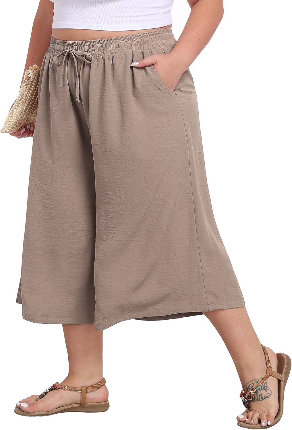 LIGHTBACK Women's Plus Size Wide Leg Capri Pants Loose Lounge Cropped Culottes Summer Casual Palazzo Pants with Pockets - Image 3