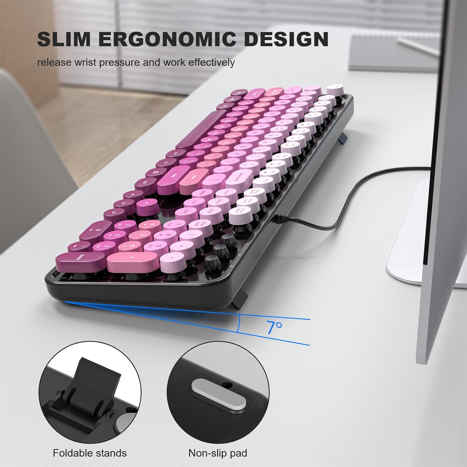 Dliter Wired Keyboard, 104 Keys Full Size Typewriter Keyboards, USB Plug and Play Office Keyboard with Number Pad, Caps Indicators, Foldable Stands for Windows, PC, Laptop (Black Pink)