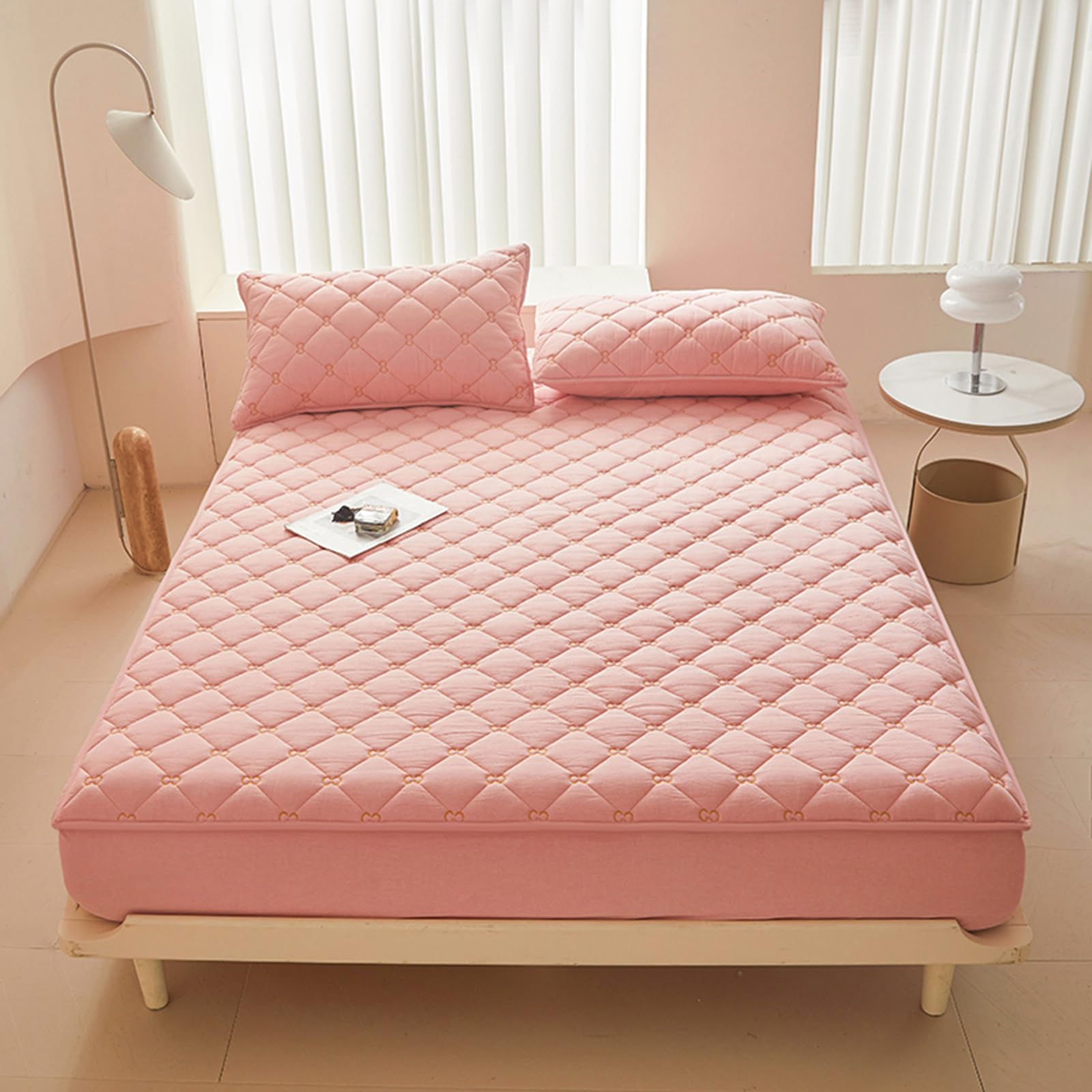 Coprimaterasso Imbottito Matrimoniale/Singolo/Una Piazza E Mezza 70/80/140/160x190 Proteggi Materasso Trapuntato Cotone Ricamo Lenzuolo Fino A 30cm Lavabile Fodera Materasso con Angoli (70x190cm,Pink)
