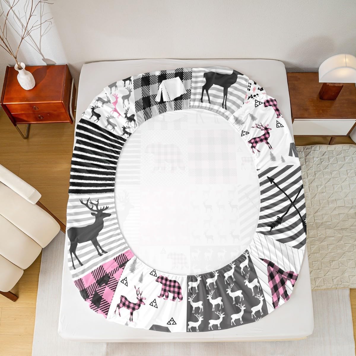 Deer Sheet Set Pink Plaid Bear Antlers Sheets with Deep Pocket Fitted Sheet Hunting and Camping Bed Sheets Set Bear Moose Lodge Patchwork Bedding Set Geometric Room Decor Full Size 4Pcs Bed Set