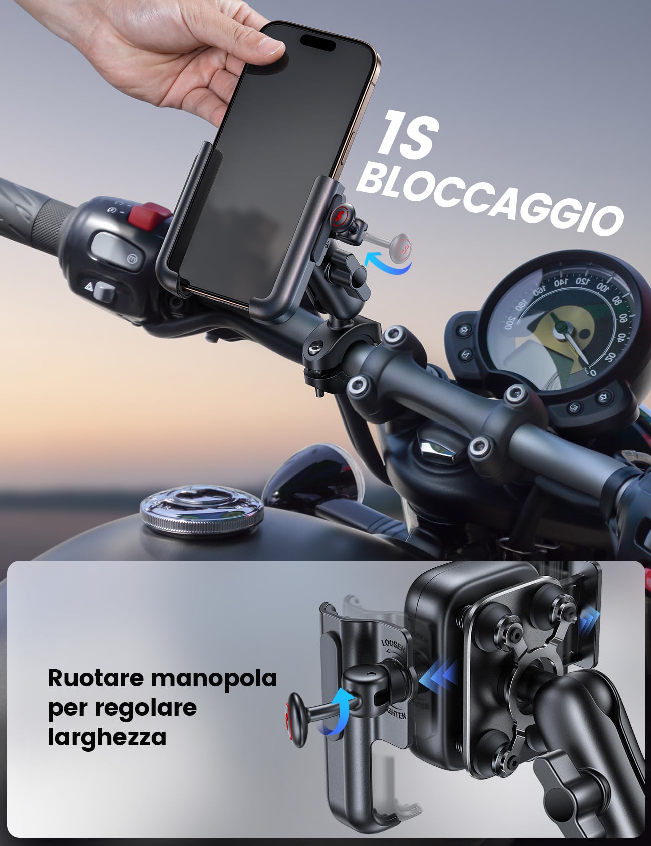 Lamicall Supporto Telefono Moto Antifurto - [Antivibrazione][Tutto Metallo] | Braccio Retrattile, 2 x 360° Rotazione, Non Blocca Telecamera, Porta Telefono Bici per iPhone 17 16 15 e 4,7-7,2" Smartphone