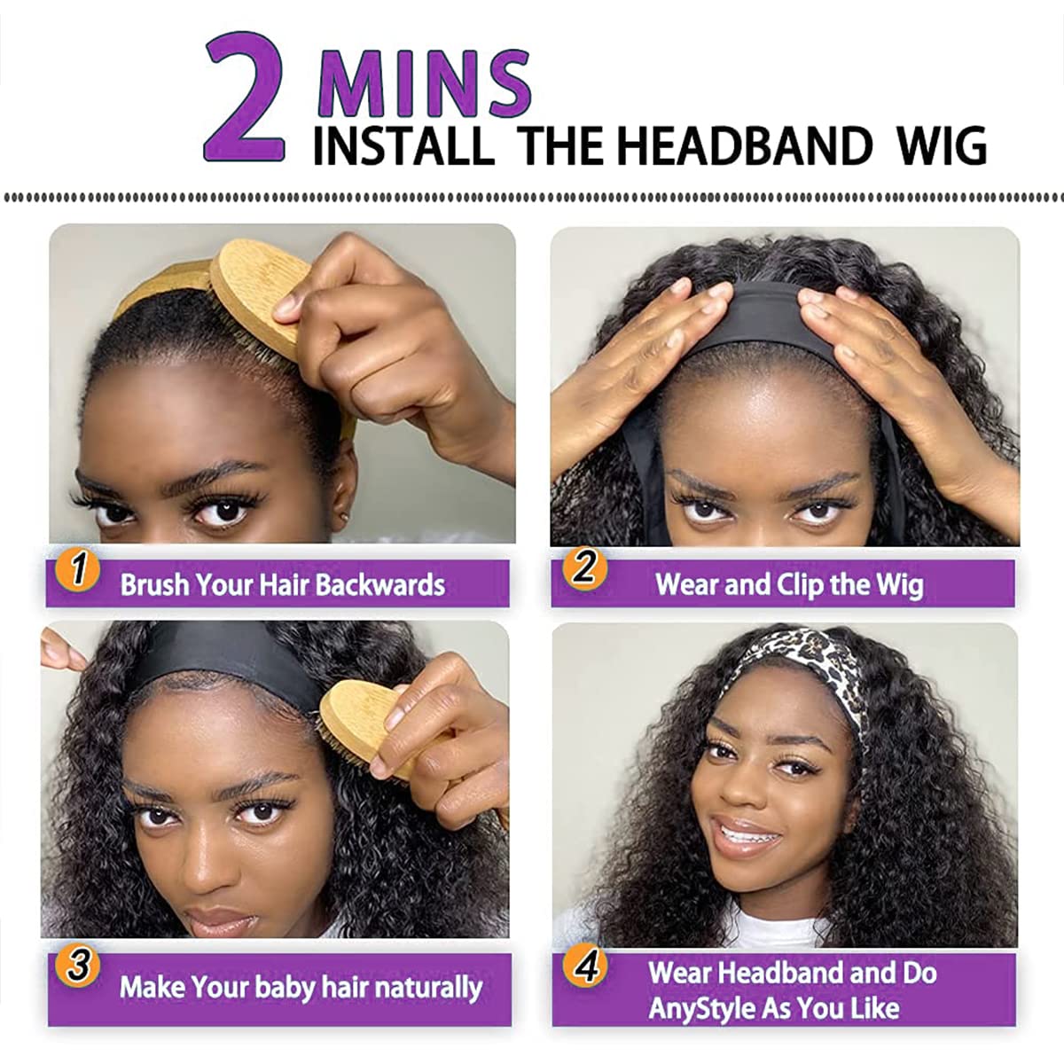 Natural Color Curly Human Hair Glueless Headband Wig