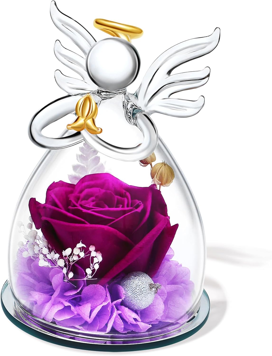 SITUMEIZI Valentines Day Rose Gifts for Her,Birthday Gifts for Women Mom,Preserved Rose in Glass Angel Figurine,Angel Mothers Day Rose Gift for Mom Grandma,Purple Gifts Flowers Anniversary Valentines
