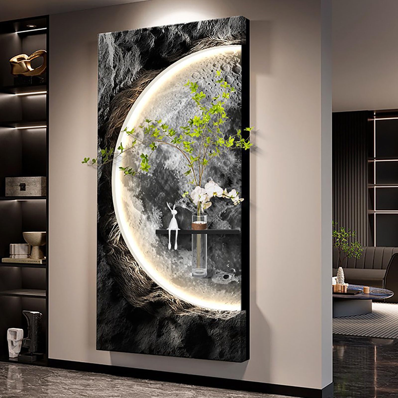 Large Vertical 3D LED Moon Wall Art Decor for Living Room, Modern Sandstone Textured Backlight Wall Home Decor for Hallway, Entryway, Dining Room,Built-in Glass Vase Style-D 19.7×39.4 in（50×100 cm ）