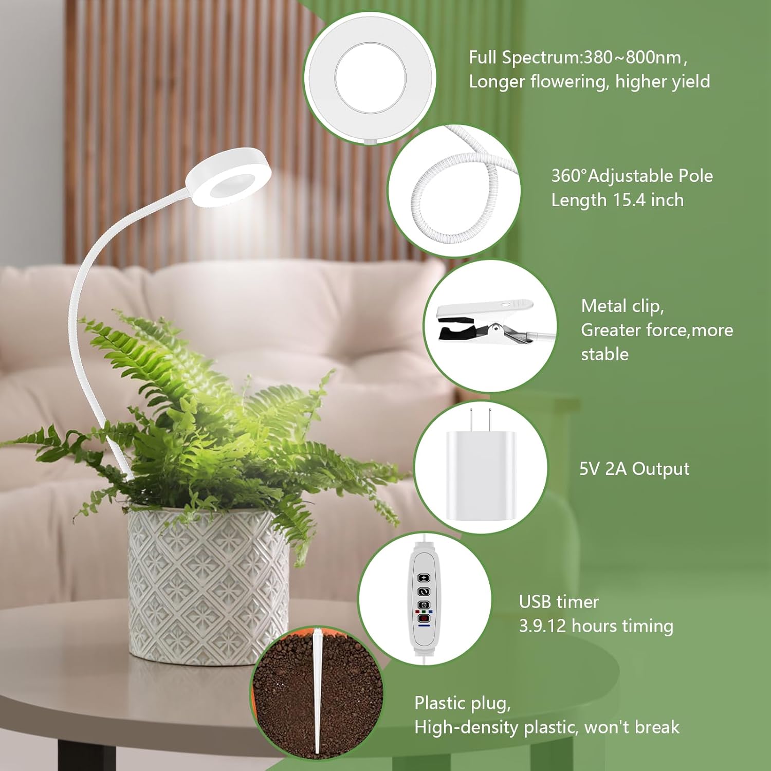 Pot Clip on Grow Lights for Indoor Plants Full Spectrum,LED Plant Lights For Indoor Growing,10-Level Dimmable & Timer,Adjustable Gooseneck Plant Grow Light for Small Plant,Succulents,White 2 Pack