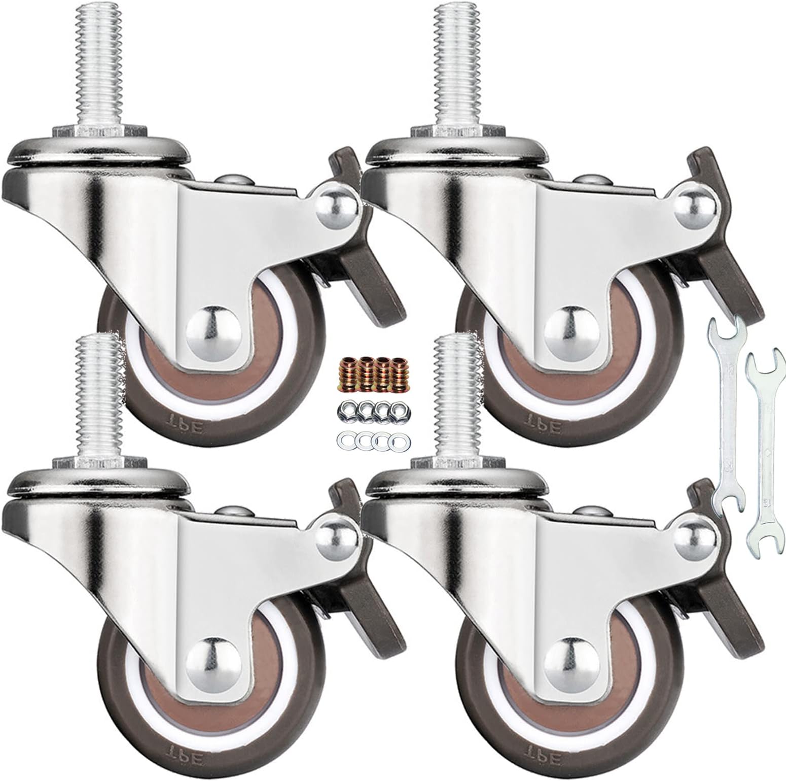 Stem Casters, 360 Degree Swivel Stem TPR Wheels with Metric M6-1.0x15mm Thread Industrial Castors for Carts, Furniture, Dolly, Workbench (1.5 Inch M6-1.0x15mm, with Brake)