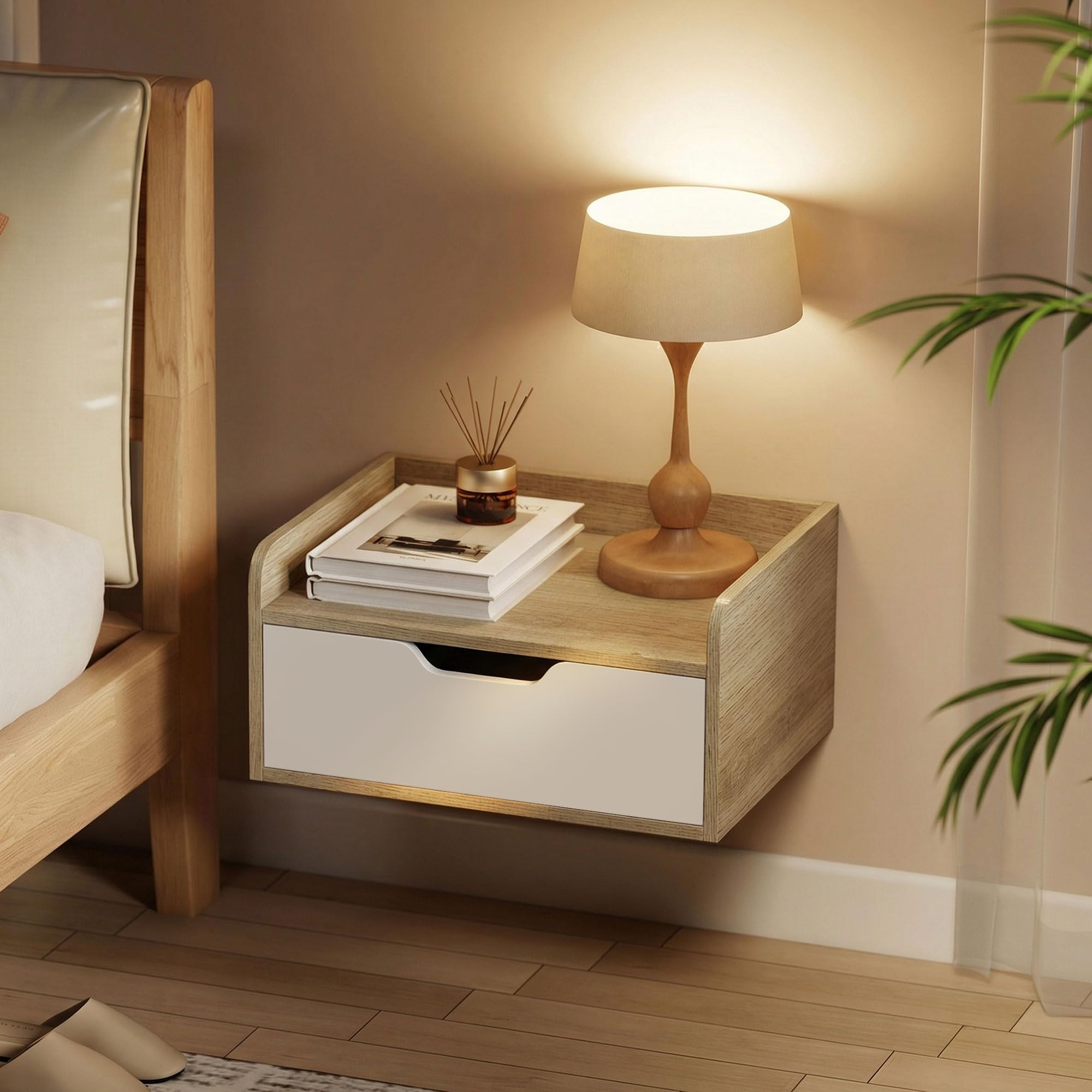 HOMCOM Lot de 2 Tables de Chevet murales, Tables de Nuit suspendues avec tiroir et Plateau à rebords surélevés, Style Moderne, pour Chambre à Coucher, Salon, 40 x 30 x 19,5 cm, Blanc et Bois Naturel