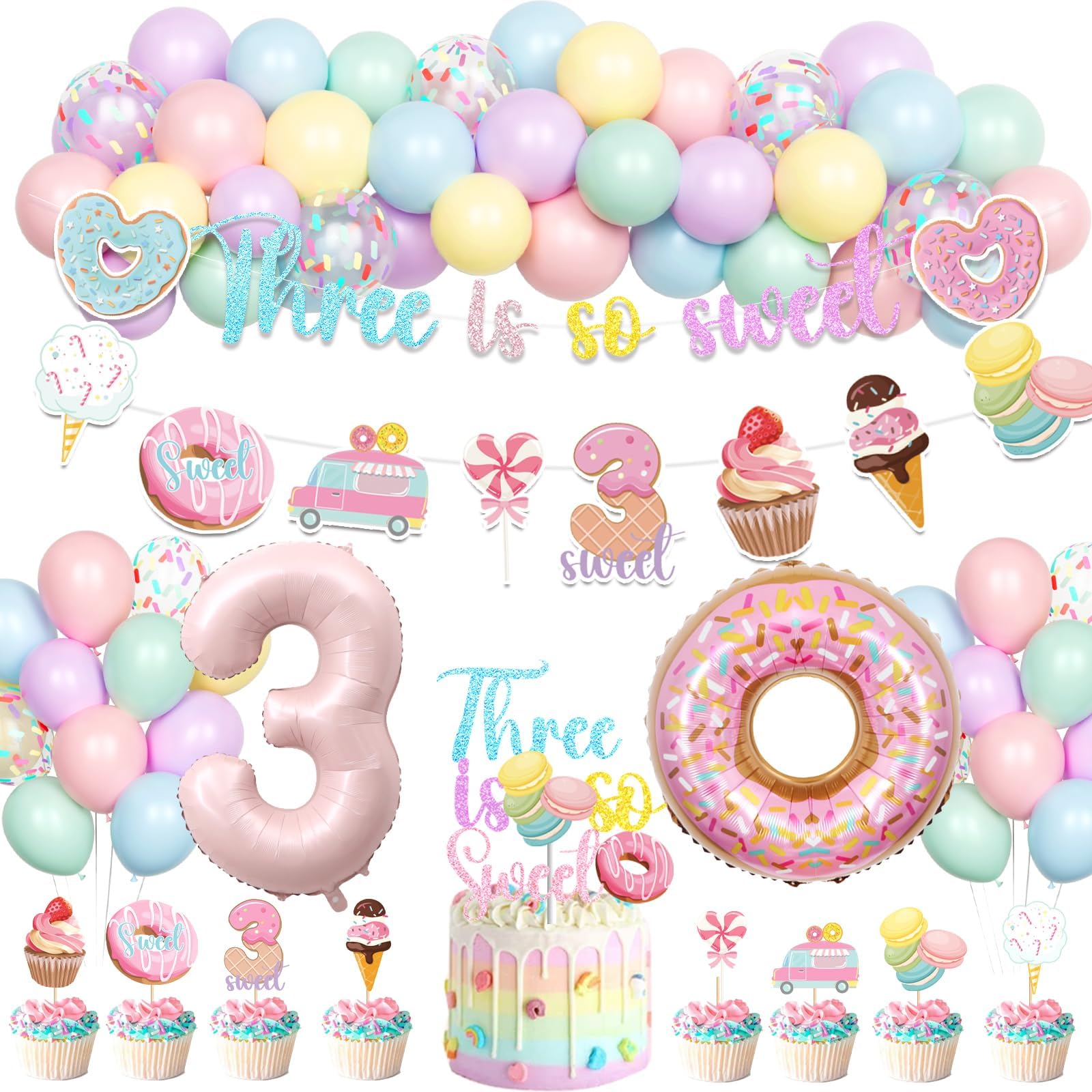 Hombae Three Is So Sweet Birthday Party Decorations, 3rd Birthday Decorations for Girls, Donut Birthday Party Supplies with Banner Cake Topper Foil