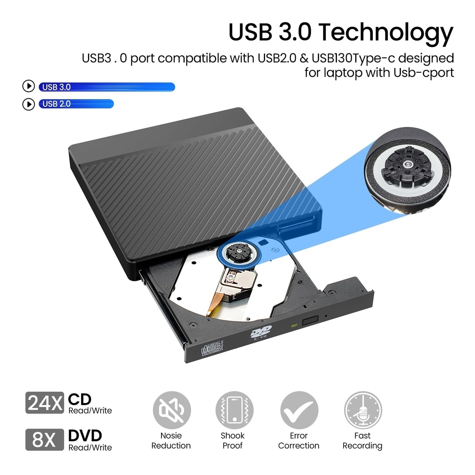 unità Ottica Esterna Sottile USB 3.0 Dvd Combo Lettore Dvd Rom Masterizzatore Dvd-RW Plug And Play Compatto E Facile da Usare