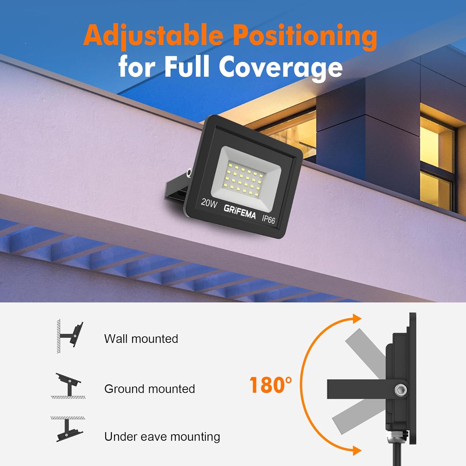 IP66 waterproof floodlight resisting rain, with icons for cold, hot, and wind resistance