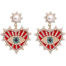 Evil Eye Earrings-Statement Heart Crystal Drop Earrings for Women, Big Dangle Earrings