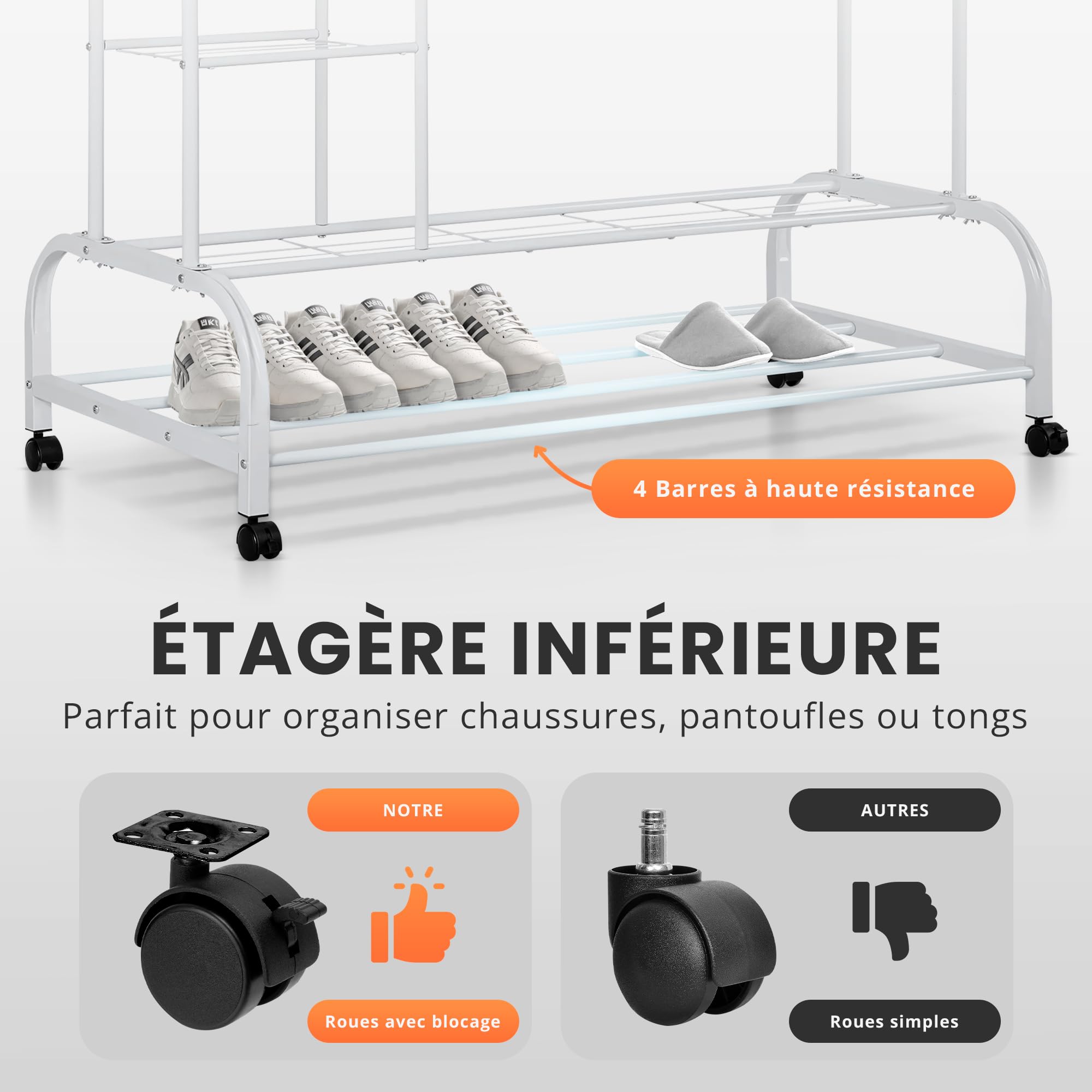 JUPPLIES Portant à Vêtements Solide à Roulettes avec 4 Étagères | Penderie Vetement Dressing sur Pieds | Charge Lourde | Rangement Chaussures