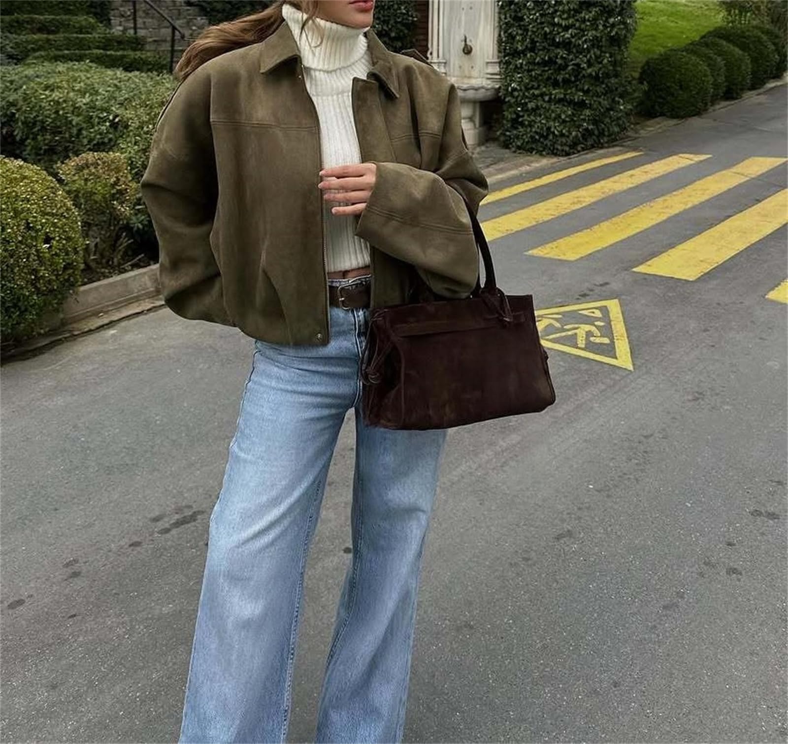 Generisch Chaqueta bomber de ante sintético para mujer, abrigo corto con cremallera y solapas, chaqueta de motociclismo de gran tamaño, estilo casual