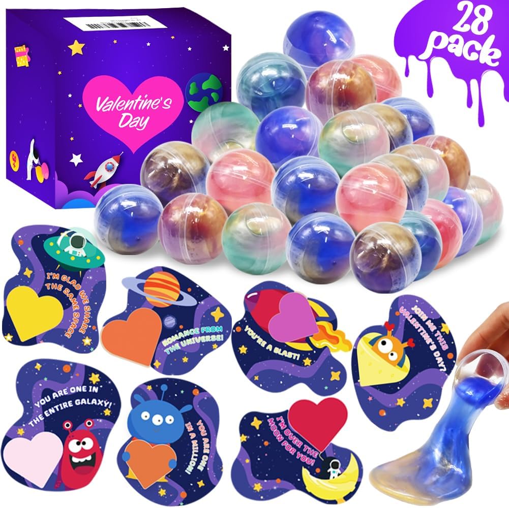CAMIRUS Kids Valentine's Day Cards With Space Keychains - 28-Piece Set For School Exchange & Party Favors