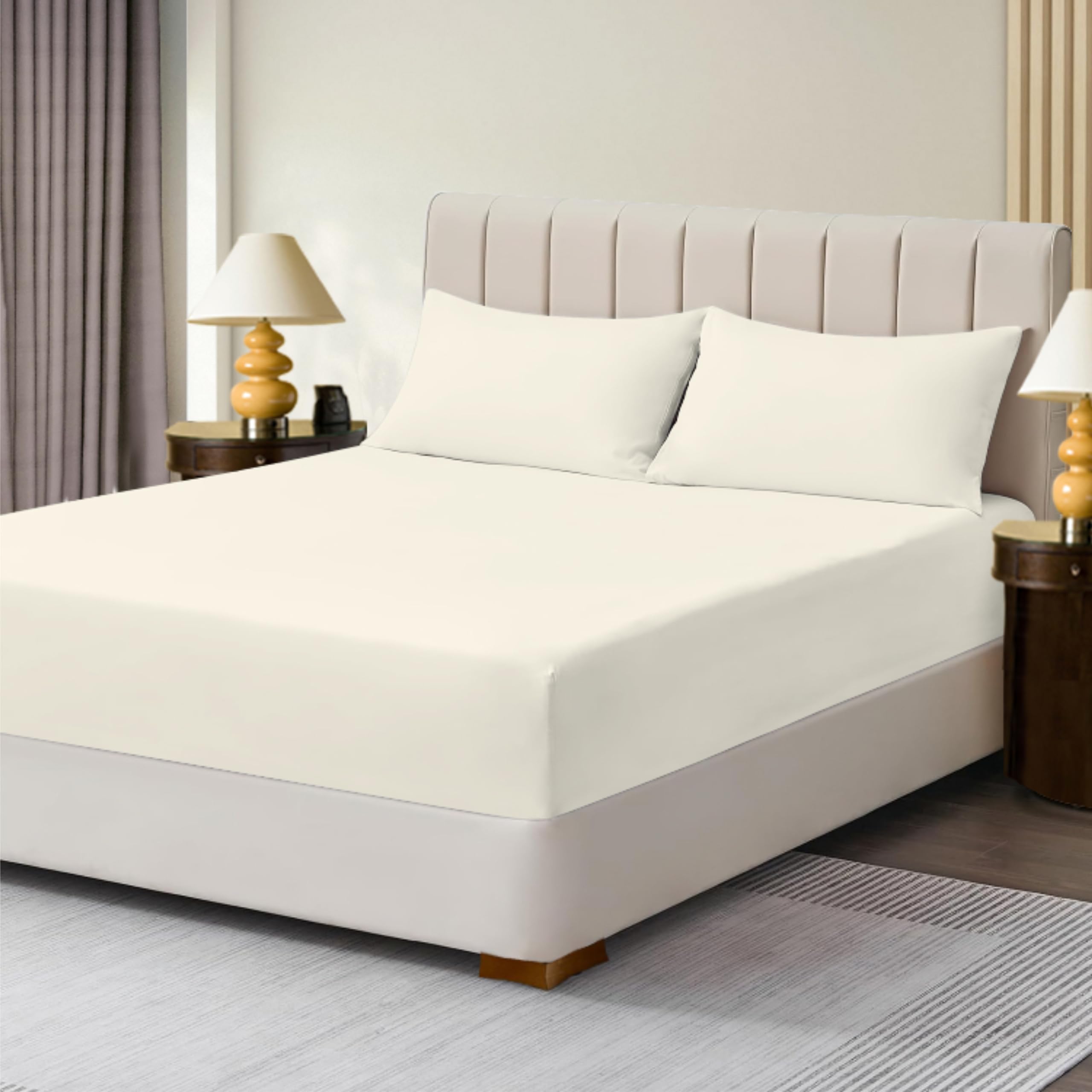 R&Z Cream Extra Deep Polycotton Non Iron Fitted Sheet Easy Care 40Cm (, Double)