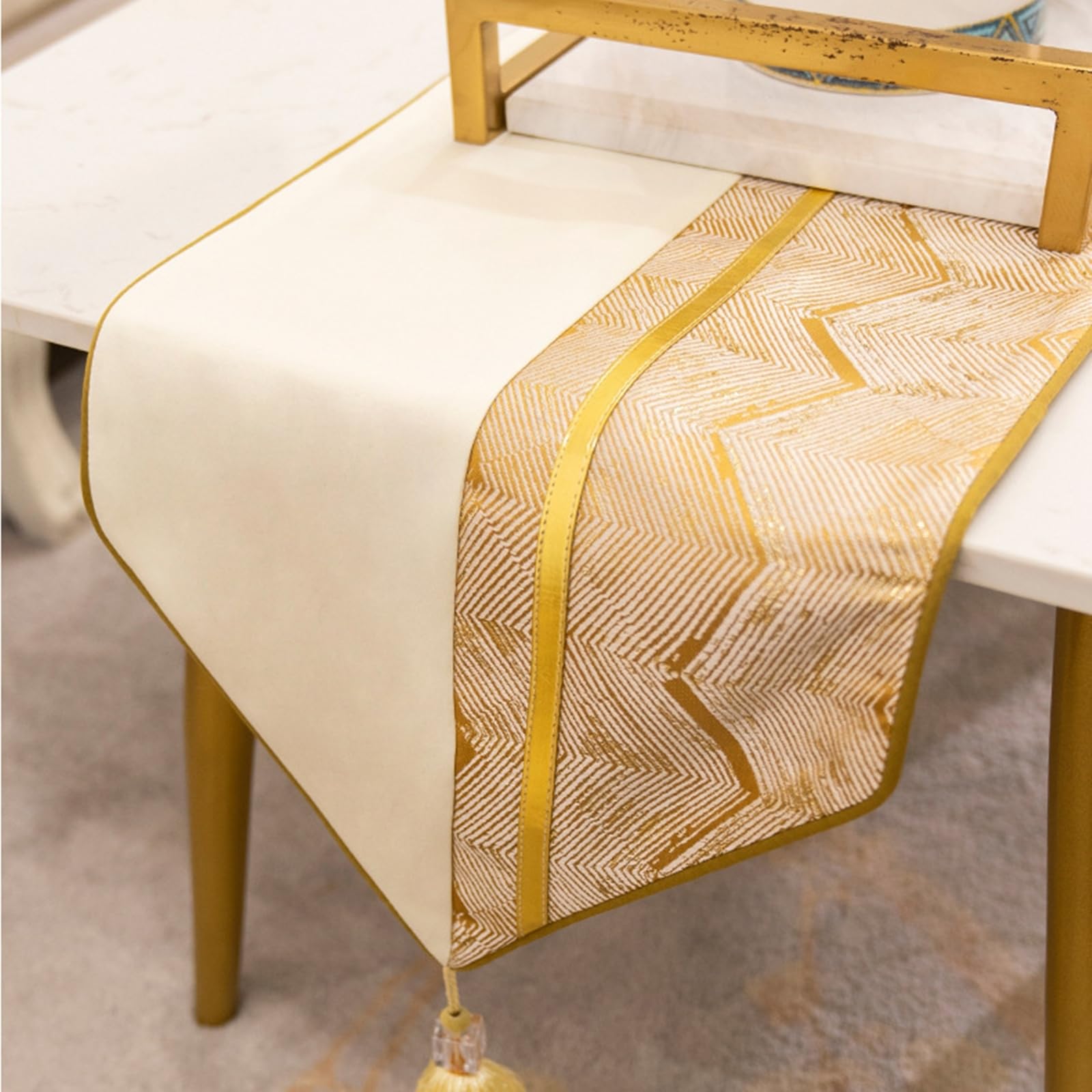 Chemin de Table pour Cuisine 33x160cm, Chemin de Table Champetre Motif Ondulé Uni avec Pompons