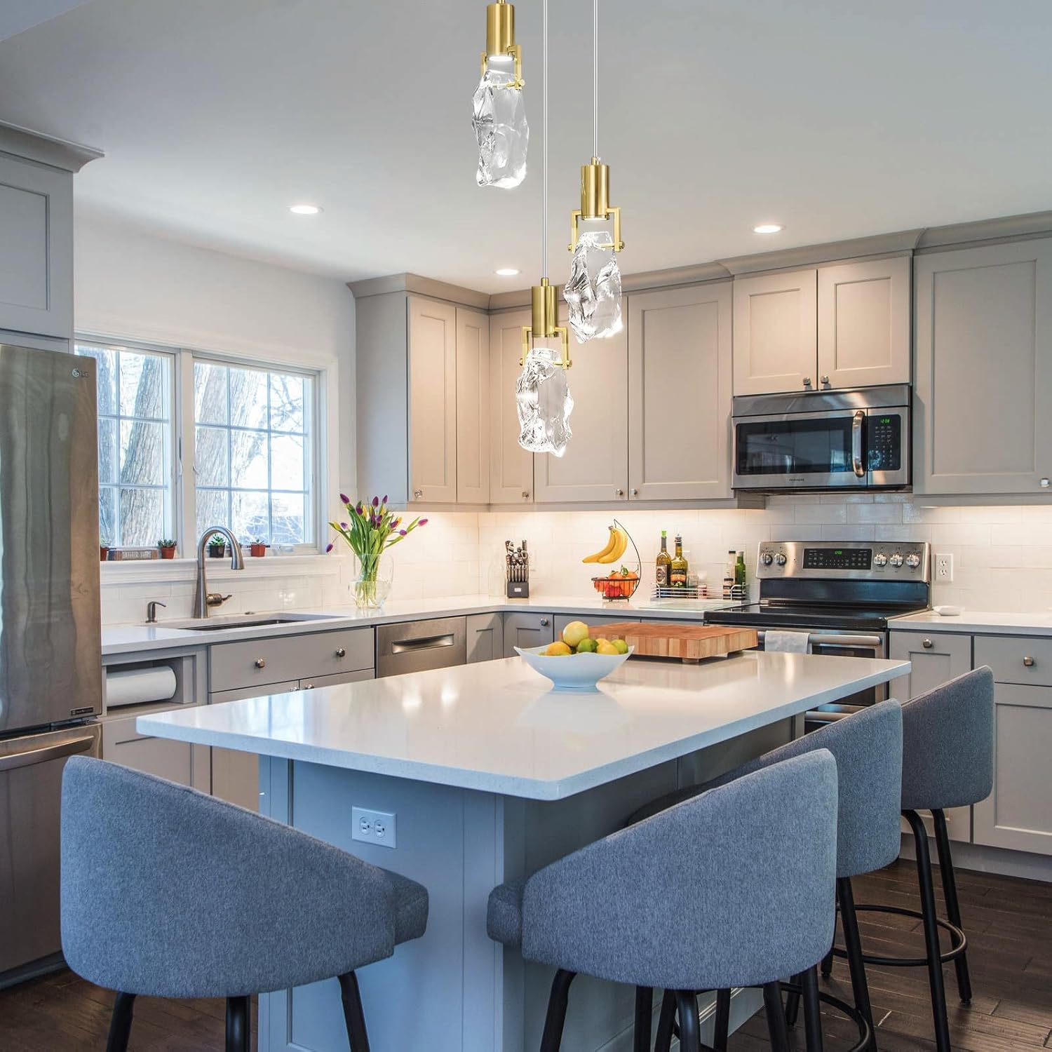 Modern Gold Pendant Lights Kitchen Island Clear Irregular Crystal Pendant Light Fixtures LED Mini Pendant Lights for Kitchen Island Living Dinning Room Bedroom Farmhouse(3 Lights)