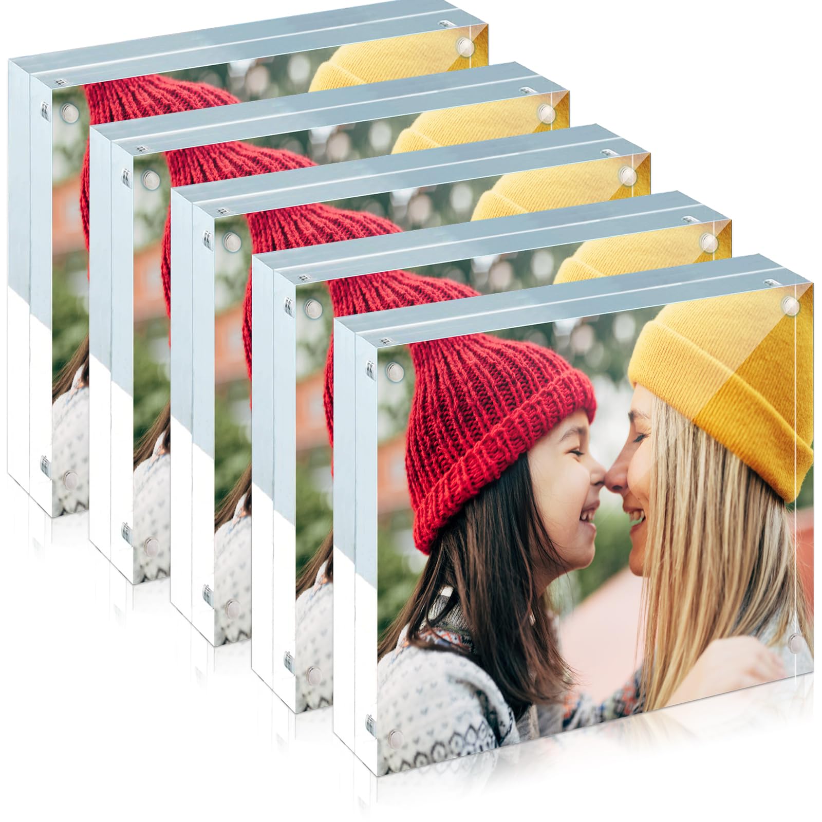 ILYXY 5 Pack Acrylic Frame 8x8, 20% Thicker, 24mm Thick Frameless Clear Square Picture Frame, Double Sided Magnetic Photo Frame, Free Standing Desktop Display Stand Acrylic Picture Frames