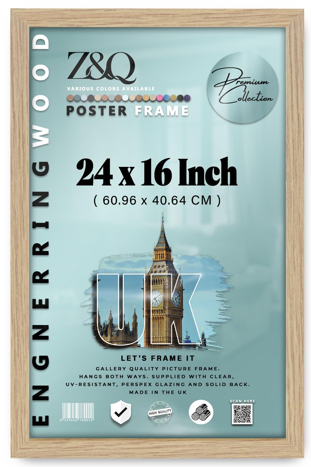 Z&Q - Flat Versatile MDF Wood Finish24 x 16 Inch Poster Frame | for Art Gallery (60.96 x 40.64 CM) Wall Décor & Room Display [ Oak ]