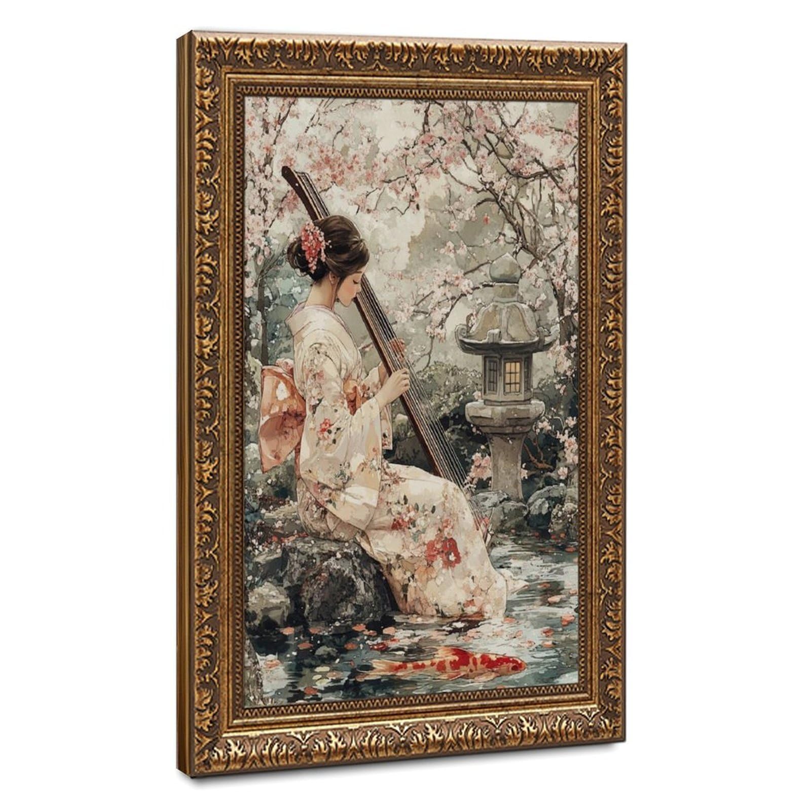 Lxwnze Retro Gold Frame-Style Japanese Cherry Blossom Garden Scene Canvas Poster For Dorm Room Decor Gift
