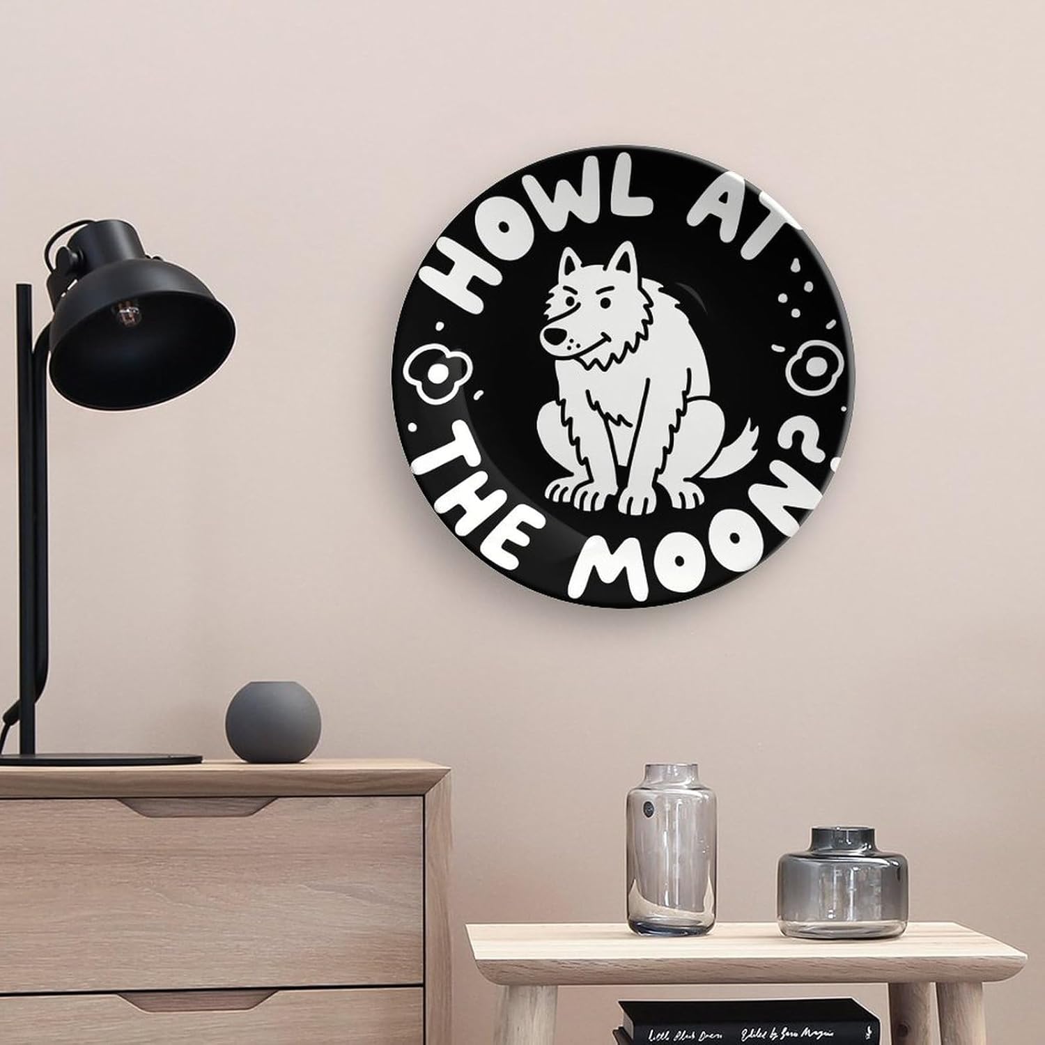 Funny Wolf Decorative Ceramic Plate Personalized Bone China Decorative Plate Round Porcelain Plates with Display Stand Cabinet Display Plates for Home Decor 10inch