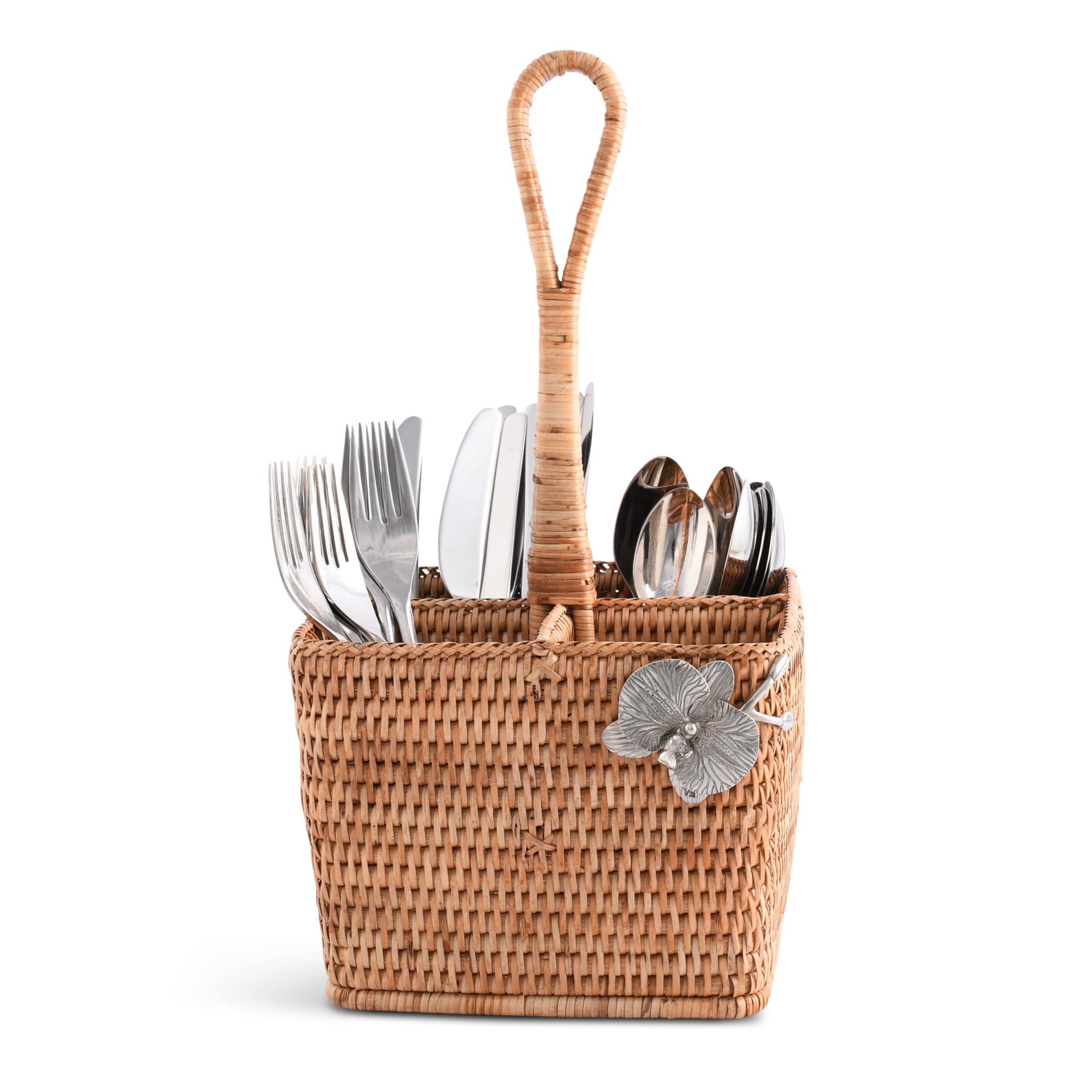Vagabond House Utensil Caddy - Elegant Rattan Cutlery Holder for Party, Designer Utensil Holder with 4 Compartments, Functional Wicker with Pewter