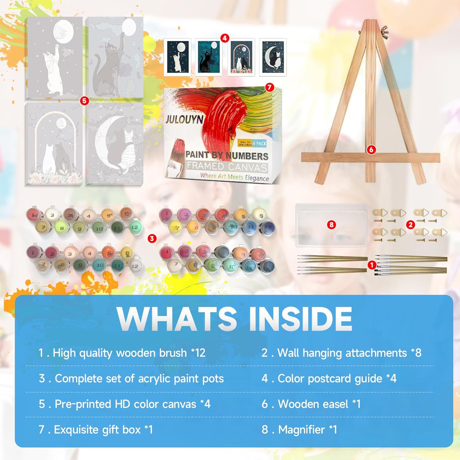 JULOUYN 4 Pack Paint by Numbers Kit for Adults with Framed & Easel, Easy Couples Cat Canvas Painting Kit for Beginner Gift Home Wall Decor 8x12 in