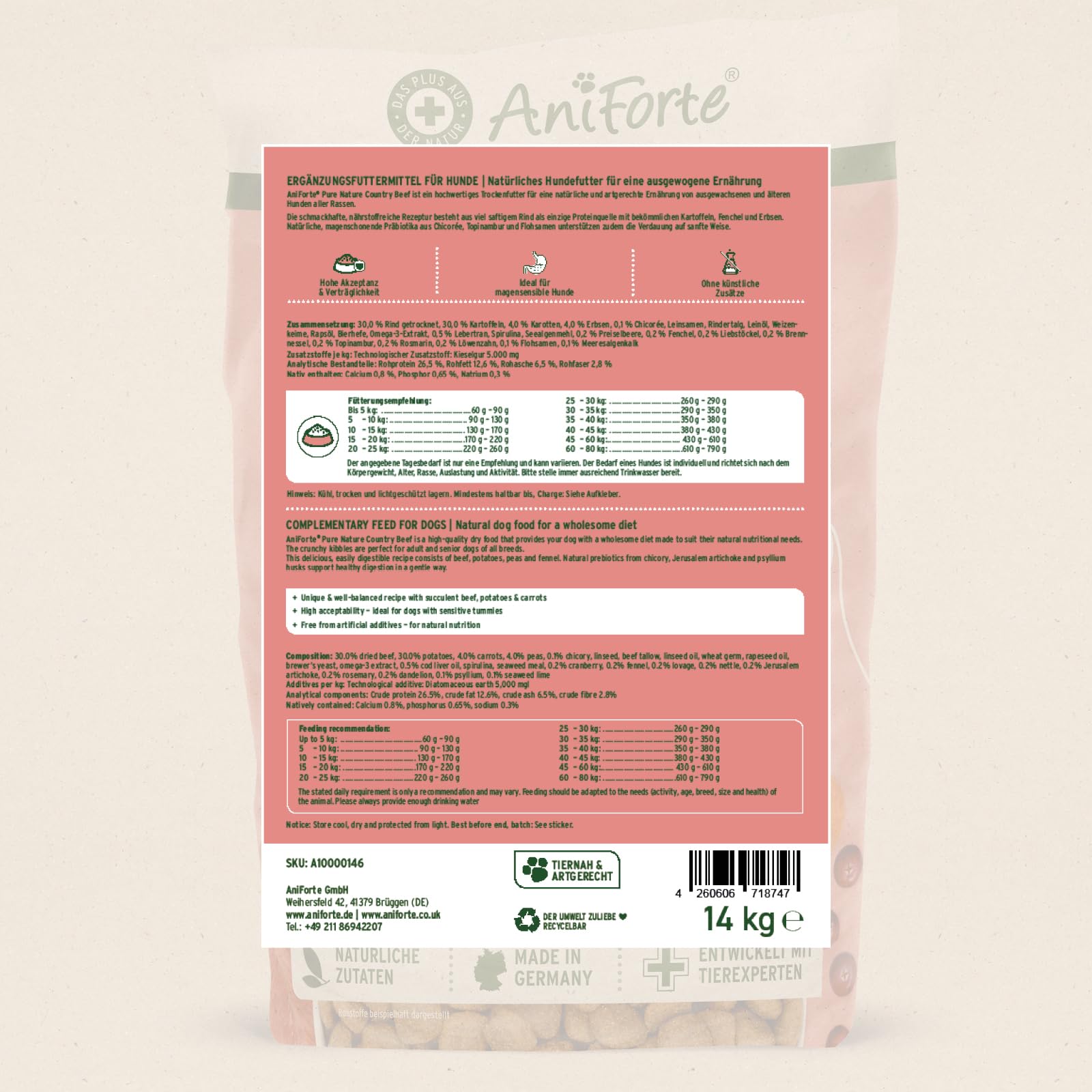 AniForte Natürliches Hunde Trockenfutter CountryBeef 14kg - Saftiges Rindfleisch mit Kartoffeln, Hundefutter getreidefrei & glutenfrei, Ohne künstliche Vitamine