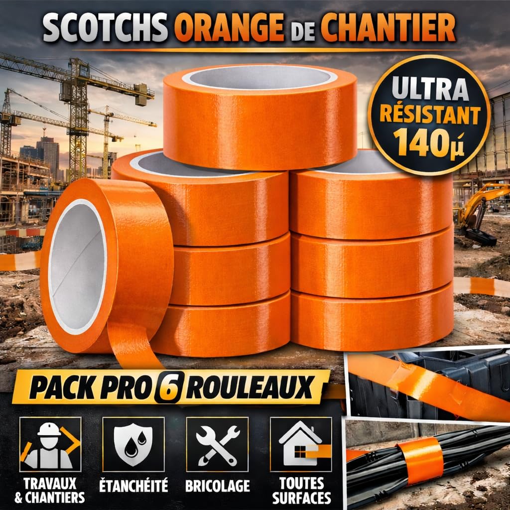 Scotchs Orange de Chantier (PVC) | 6 Rouleaux Ruban Adhésif (0,50 cm X 33 m) | Travaux et Chantiers | Toutes Surfaces | Bricolage - Etanchéité - Isolement - Protection | Ultra résistant 140 µ